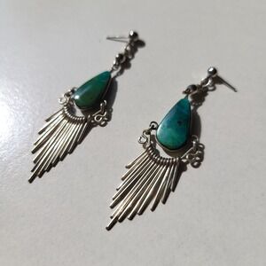 Vintage Silver Tone Turquoise Fringe Dangle Earrings Womens Green Boho Tribal